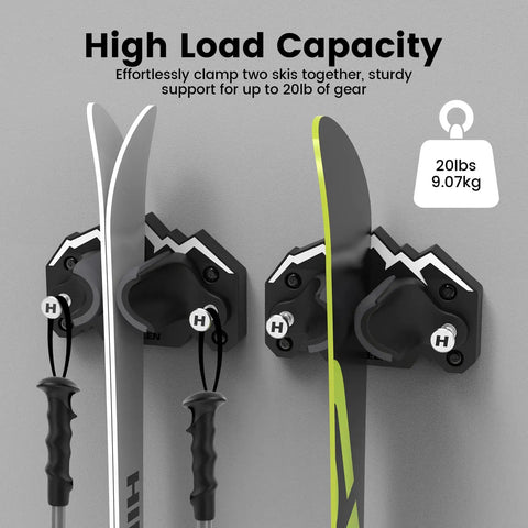 Space Saving Ski And Snowboard Wall Mount With Non Slip Rubber Grip Pads Garage Storage Rack securing two skis up to 20lbs on wall.