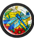 Stained glass design with dragonfly and flowers on a cabinet knob.
