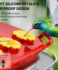 Two Pack Window Hummingbird Feeder With Strong Suction Cups For Outdoors Built In Moat And Easy To Clean Refill 10Oz Red Plastic Hummingbird Feeders For Garden Yard Patio Observation, with a hummingbird feeding from yellow ports.