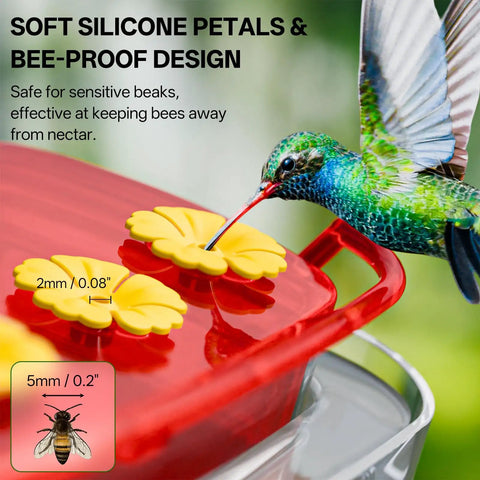 Two Pack Window Hummingbird Feeder With Strong Suction Cups For Outdoors Built In Moat And Easy To Clean Refill 10Oz Red Plastic Hummingbird Feeders For Garden Yard Patio Observation, with a hummingbird feeding from yellow ports.