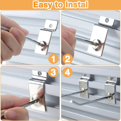 100 Pieces Heavy Duty Slatwall Panel Hooks For Metal Slat Wall Hanging Hangers Built To Last Silver Commercial Grade Slatwall Pegs For Shop And Retail Display 6 Inch Length being installed on slatwall panels
