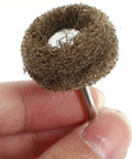 Close-up of a nylon fiber buffing wheel with 3mm shank from 24 Piece Pro Grade Nylon Fiber Buffing Wheel Set With 3mm Shank Drill Polishing Discs For Metal Polishing Jewelry Buffing And Drill Attachment Polisher Pads Kit For Industrial Use.