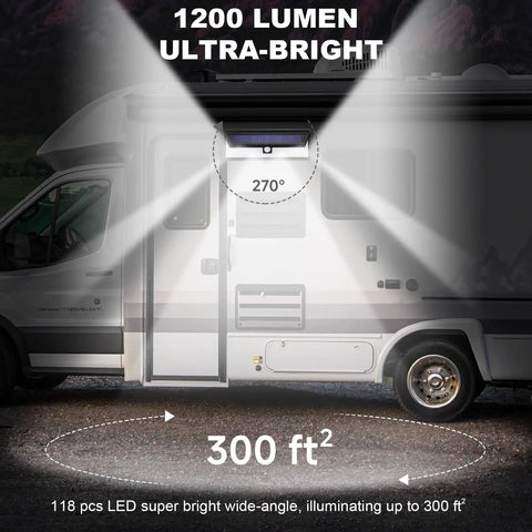 Magnetic Solar RV Light With Motion Sensor, 118 LED Ultra Bright Exterior RV Outdoor Lamp installed on camper, illuminating 300 sq ft
