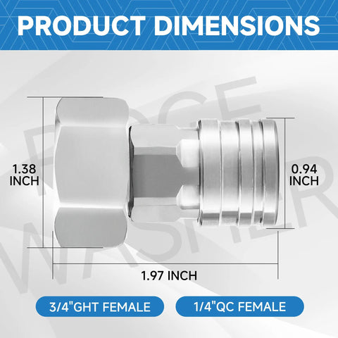 Garden Hose To Pressure Washer Adapter Converts Your Water Hose Into A Handy Power Washer Quick Connect System Three Quarters GHT To One Quarter Stainless Steel Connector For Light Cleaning Tasks with dimensions