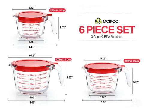 6 Piece Glass Measuring Cup Set With Lids 1 Cup 2 Cup 4 Cup Nesting Jugs Borosilicate Glass Microwave Oven Freezer Safe