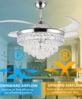 Crystal Ceiling Fan With Light 42 Inch Fandelier showing retractable blades, airflow direction features for indoor spaces.