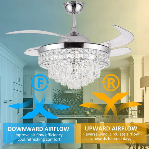 Crystal Ceiling Fan With Light 42 Inch Fandelier showing retractable blades, airflow direction features for indoor spaces.