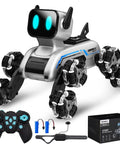SIMREX RC robot-dog stunt car with four mecanum wheels and LED eyes; includes remote, batteries, wrist strap, and box.