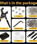 Contents of Heavy Duty Grommet Tool Kit With Interchangeable Dies 8mm 10mm 12mm; includes plier, molds, washers, grommets, wrench.