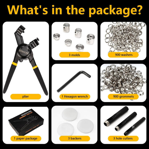 Contents of Heavy Duty Grommet Tool Kit With Interchangeable Dies 8mm 10mm 12mm; includes plier, molds, washers, grommets, wrench.