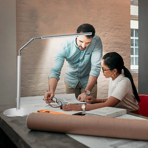 Eye Friendly Desk Lamp For Home Office And Monitor Setup No Flicker LED Task Light illuminating workspace with plans