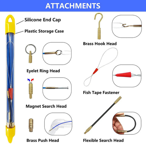 11Ft Fiberglass Duct Rodder Kit For Wire And Cable Pulling Flexible And Durable Fish Tape With Hook And Hole In Tube Blue with attachments