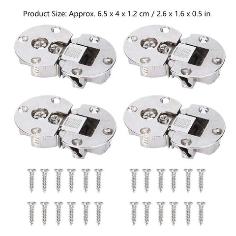 Four Pack Semi Circular Flip Hinges Hidden 90 Degree For Wooden Furniture And Wardrobes Heavy Duty Cabinet Door Hinge With Silent Hydraulic Buffer And Soft Close Ideal For Solid Doors, showing four metal hinges and screws