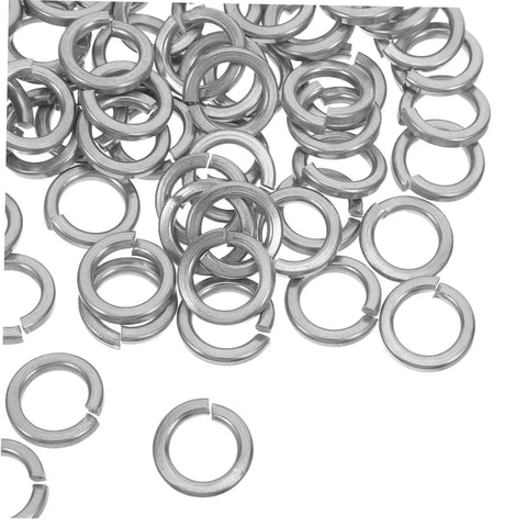 Premium Industrial Heavy Duty Split Lock Washers M10 Bright Silver Stainless Steel 100 Pack, close-up view of rust-proof washers.