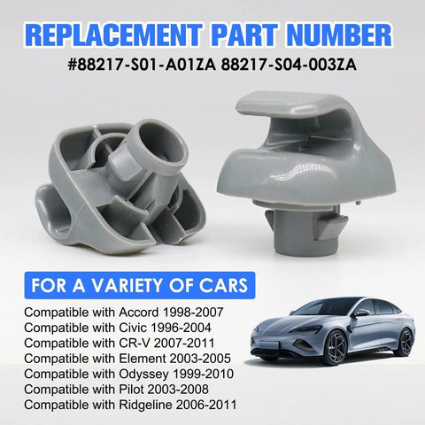 Sun Visor Clip Replacement For Honda Civic CRV Accord Odyssey Ridgeline Element Pilot Acura TSX RSX Gray Inner Sun Visor Clip OEM Style Fast Install Today, shown with compatibility list and car image.