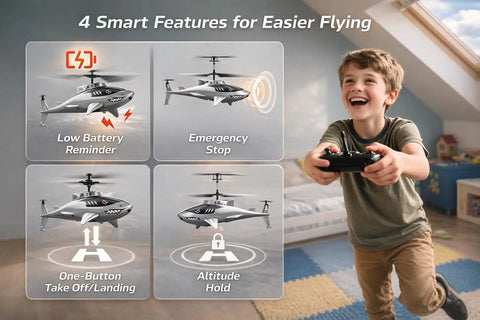 Child enjoying Shark Themed RC Helicopter For Kids And Adults With Altitude Hold One Key Takeoff And Landing Bright LED Lights