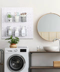 Laundry room with Two Pack 3-Grid Metal Pegboard Baskets With Four Hooks Wall Mount Garage Organizer above washing machine.