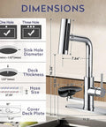 Dimensions of HOWUWEY Chrome Kitchen Faucet with Pull Down Sprayer & Cup Washer, showing height, hole sizes, and deck thickness.