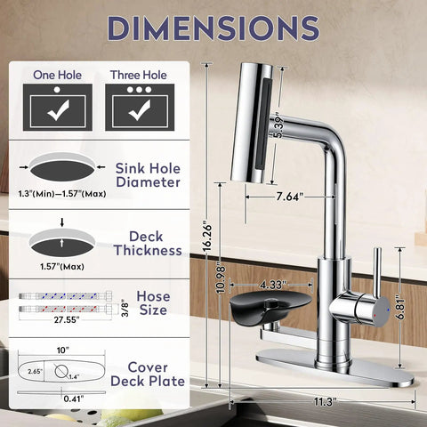 Dimensions of HOWUWEY Chrome Kitchen Faucet with Pull Down Sprayer & Cup Washer, showing height, hole sizes, and deck thickness.