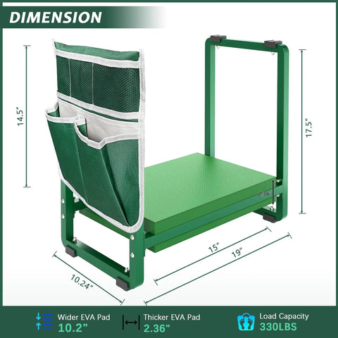 Wide Garden Kneeler and Seat With 2.36 Inch Thick EVA Cushion Heavy Duty Kneeling Bench with dimensions and side pocket visible