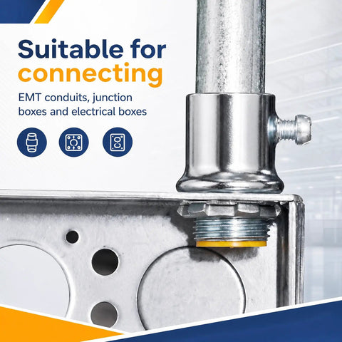 50 Pack Emt Set Screw Connector Three Quarter Inch Steel Electrical Conduit Coupling attached to junction box for reliable wiring.