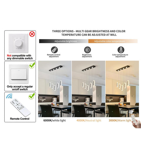 60W Dimmable LED Pendant Chandelier With Remote Control showing color temperature options and remote compatibility