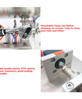 Close-up of Automatic Quantitative Filling And Sealing Machine Packs 10 To 100 Ml With Slick Horizontal Mixing Hopper and PTFE piston detail.