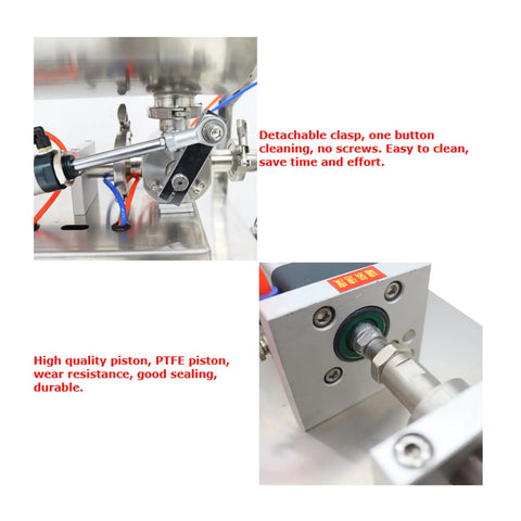 Close-up of Automatic Quantitative Filling And Sealing Machine Packs 10 To 100 Ml With Slick Horizontal Mixing Hopper and PTFE piston detail.