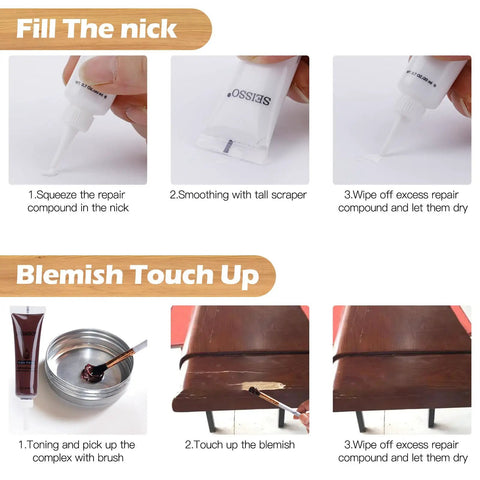 Wood Repair Kit With 12 Color Touch Up Pastes For Scratches Cracks And Holes On Furniture Cabinets Tables And Floors application guide