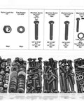 363 Piece Machine Screw And Hardware Assortment Kit With Flat Washers Lock Washers Nylon Lock Nuts And Hex Key Wrenches In Durable PP Case displayed in open box with labeled compartments