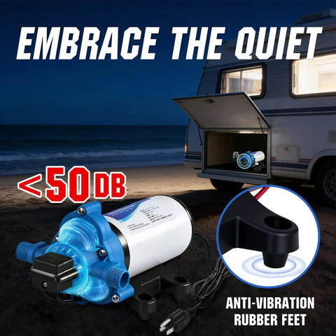 On Demand 110V RV Water Pump Diaphragm, 4 GPM 50 PSI Fresh Water Pump in RV, anti-vibration rubber feet feature highlighted