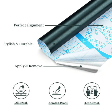 Stainless Steel Look Peel And Stick Contact Paper Dark Green Waterproof Metallic Wallpaper roll showing features like oil-proof, scratch-proof, tear-proof.