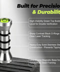 Close-up of Heavy Duty Stainless Steel Magnetic Laser Level Marker Pin with green bubble level and black O-rings for tracking.