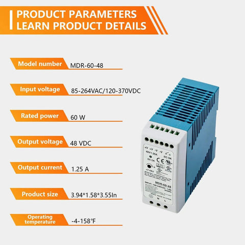 Rugged 60W DIN Rail Power Supply 48V 1.25A With Ultra Wide 85-264VAC Or 120-370VDC Input Class I Div 2 T4 Hazardous Location Certified Industrial Automation Power Solution For Fluctuating Mains, blue enclosure