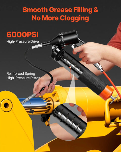 Hands using Pro Grade Heavy Duty 6000 PSI Grease Gun Kit With Pistol Grip, 14 Oz Capacity, to lubricate machinery