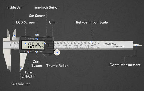 6 Inch Digital Caliper Workhorse With Auto Off And Big LCD Screen Stainless Steel Electronic Vernier Caliper with labeled parts