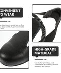 Close-up of Heavy Duty Leather Steel Toe Overshoes For Work Boots With Adjustable Strap Built Tough Slip Resistant Sole.