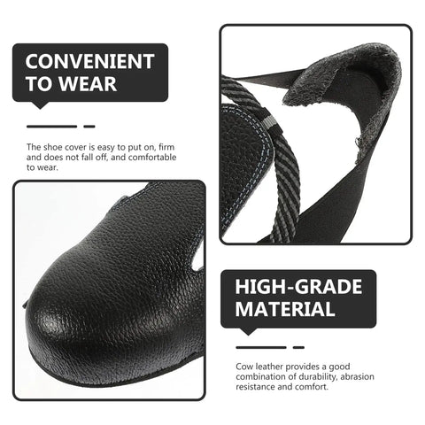 Close-up of Heavy Duty Leather Steel Toe Overshoes For Work Boots With Adjustable Strap Built Tough Slip Resistant Sole.