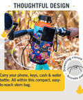 Willis Stem Bag For Bike Handlebar holding a water bottle, phone in floral print, attached to bike handlebar with drawstring closure.