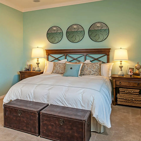 Bedroom with set of 2 rustic bedside lamps with 3-way touch dimming and USB ports, coastal washed blue nightstand lights