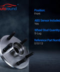 Front Wheel Hub and Bearing Assembly Set for 2006-2008 Dodge Ram 1500, 5 Lug With ABS, shown in front view with stud details.