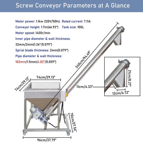 Heavy Duty Screw Conveyor Machine With Spiral Feeder And Bucket Conveyor Inclined Type For Powder Materials Auger Hopper Loader Powder Particles Transfer 220V 1.1kW 1.7m Height with specifications.