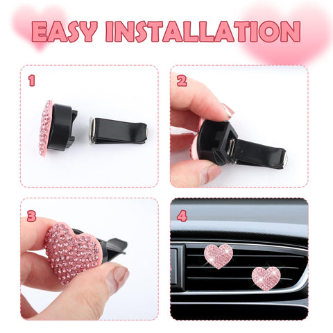 Heart Shaped Car Vent Clips With Rhinestones Bling Air Vent Decorations For Cars Trucks And SUVs Pink 4 Pack Easy Installation