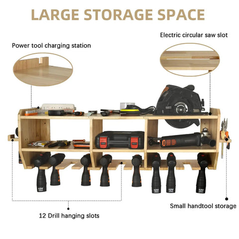 Heavy Duty Power Tool Organizer And Drill Charging Station With 12 Slots Wall Mount Storage showcasing large capacity