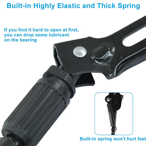 Close-up of rear mount bike kickstand for 12 to 20 inch kids bikes with built-in highly elastic and thick spring mechanism.