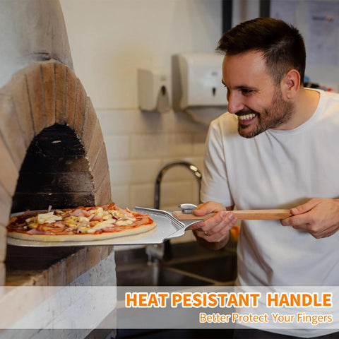 ALLTOP metal pizza peel with wooden turning handle 12x14 in for sliding pizza into a brick oven.