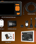 Dual Lens Endoscope Camera With Light 1080P HD Borescope 5 Inch IPS Screen kit showing HD LCD, accessories, and 32GB card