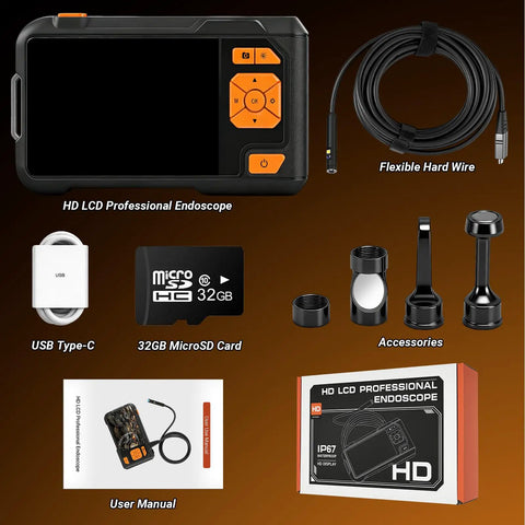 Dual Lens Endoscope Camera With Light 1080P HD Borescope 5 Inch IPS Screen kit showing HD LCD, accessories, and 32GB card