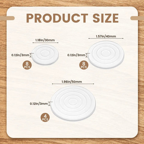 20 Pack Rubber Feet For Cutting Boards Non Slip Silicone Feet With Waterproof Adhesive, shown in three sizes on wood background.