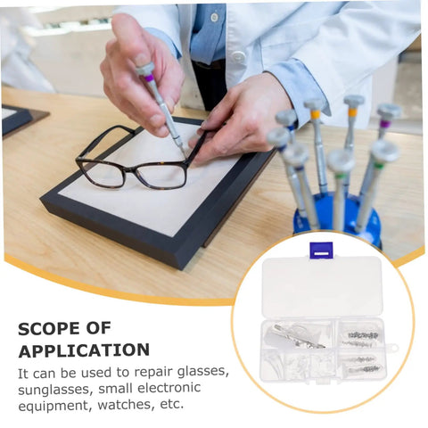 Person using All In One DIY Eyeglass Repair Tools Kit With Nose Pad Screws And Maintenance Gear for glasses repair